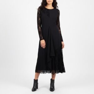 FUZZI Black Lace Sheer Sleeve Midi Dress XL Made Italy Asymmetrical Ruffle